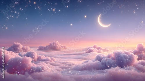 A dreamy view of a night sky above fluffy clouds.