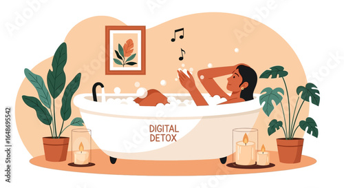 Digital detox concept illustration of a woman relaxing in a bubble bath, practicing self-care and wellness for mental health.