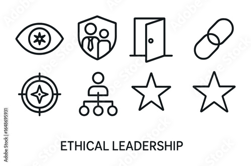 Ethical Leadership Icons. Outline icon set of ethical leadership: vision icon, mentorship badge, open-door
