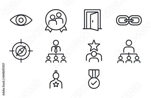 Ethical Leadership Icons. Outline icon set of ethical leadership: vision icon, mentorship badge, open-door