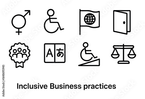 Inclusive Business Icons. Outline icon set of inclusive business practices: gender icon, wheelchair symbol,