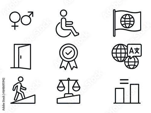 Inclusive Business Icons. Outline icon set of inclusive business practices: gender icon, wheelchair symbol,