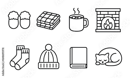 Cozy Winter Icons. Outline icon set of winter night setup: fuzzy slippers, flannel sheets, hot cocoa,