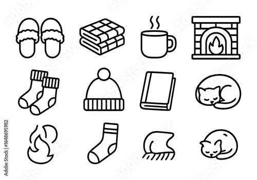 Cozy Winter Icons. Outline icon set of winter night setup: fuzzy slippers, flannel sheets, hot cocoa,