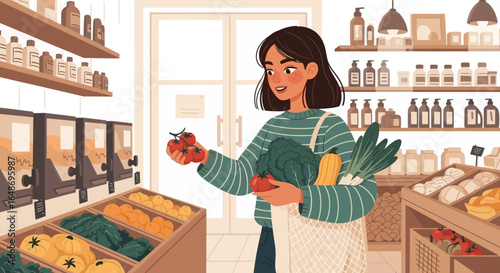 Woman Shopping for Fresh Produce at a Zero-Waste Grocery Store