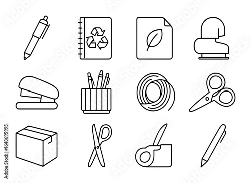 Eco-Friendly Office Icons. Outline icon set of eco-friendly office supplies: refillable pen, recycled notebook