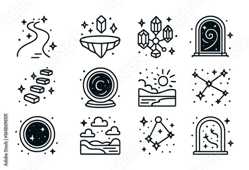 Astral Icons Collection. Outline icon set of the astral realms: glowing pathway, floating island, crystal grid