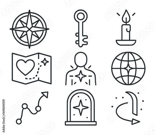 Astral Navigation Icons. Outline icon set of astral navigation: star compass, dimensional key, guiding light,