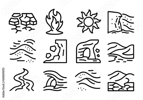 Extreme Climate Icons. Outline icon set of natural forces in extreme climates: cracked earth, fire whirl,