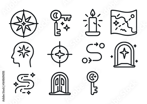 Astral Navigation Icons. Outline icon set of astral navigation: star compass, dimensional key, guiding light,