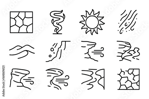 Extreme Climate Icons. Outline icon set of natural forces in extreme climates: cracked earth, fire whirl,