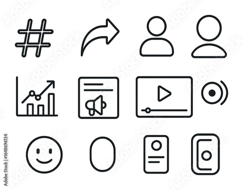 Social Media Icons. Outline icon set of social media campaigning: hashtag sign, share arrow, follower icon,