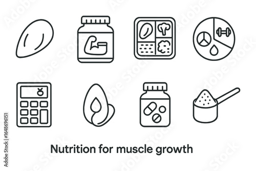 Nutrition Icons Grid. Outline icon set of nutrition for muscle growth: chicken breast, protein powder, meal
