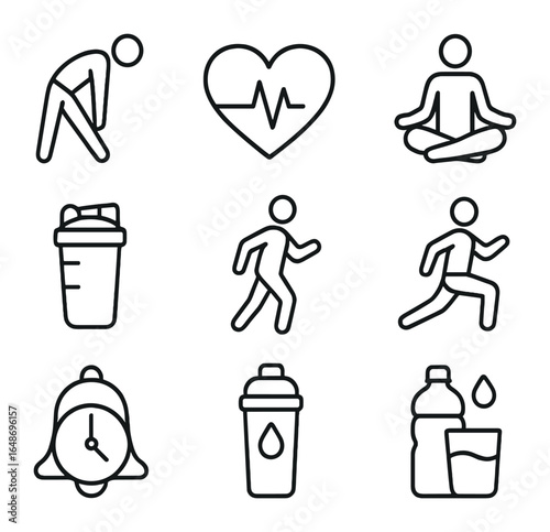 Workout Routine Icons. Outline icon set of pre- and post-workout routines: warm-up stretch, heart rate icon,