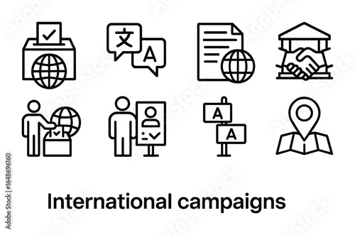 Global Campaign Icon Set. Outline icon set of international campaigns: global ballot, translation icon,