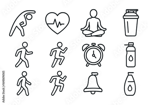 Workout Routine Icons. Outline icon set of pre- and post-workout routines: warm-up stretch, heart rate icon,