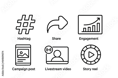 Social Media Icons. Outline icon set of social media campaigning: hashtag sign, share arrow, follower icon,