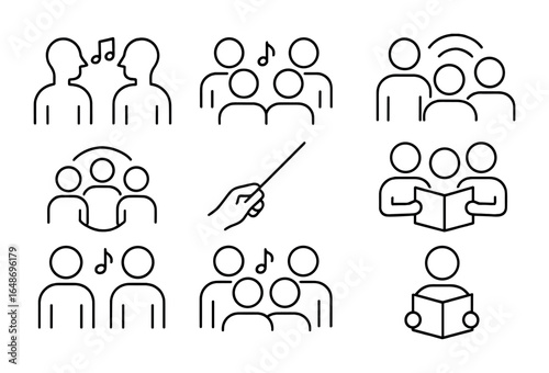 Singing Icons Collection. Outline icon set of group singing and ensemble work: duet icon, choral blend,