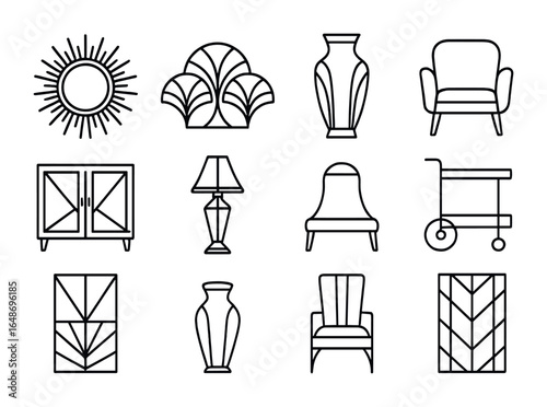 Art Deco Icon Set. Outline icon set of 1920s art deco pieces: sunburst mirror, fan pattern, gold trim vase,