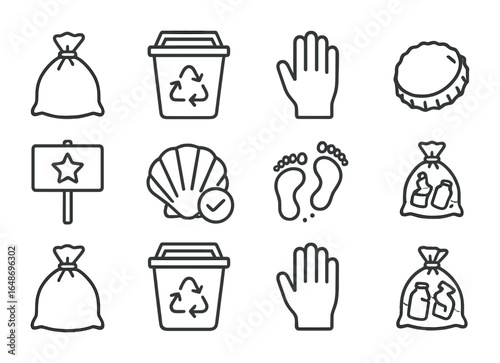 Beach Clean-Up Icons. Outline icon set of beach clean-up and care: trash bag, recycling bin, glove hand,