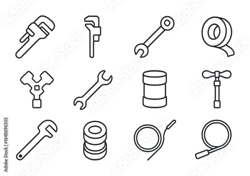 Plumbing Tools Icon Set. Outline icon set of plumbing repair tools: pipe wrench, basin wrench, socket wrench,