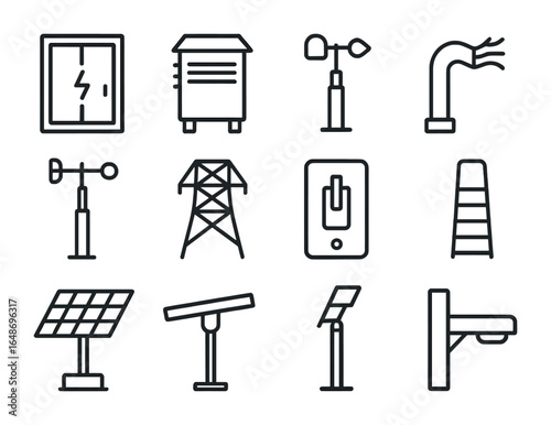 Hybrid Plant Icon Set. Outline icon set of hybrid plant infrastructure: control cabinet, transformer box,