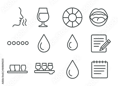 Cider Tasting Icons. Outline icon set of cider tasting elements: aroma icon, tasting glass, flavor wheel,