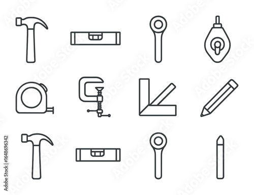 Construction Toolkit Icons. Outline icon set of construction toolkit items: hammer, level, socket wrench,