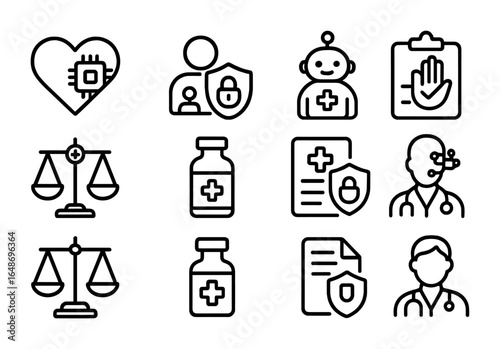 Ethical AI Healthcare Icons. Outline icon set of ethical AI in healthcare: heart with chip, patient data lock,