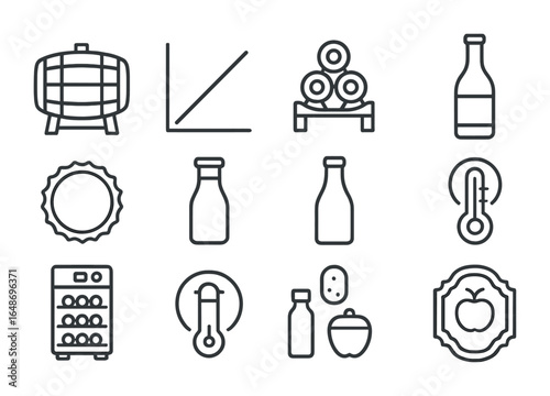 Cider Storage Icons. Outline icon set of cider storage and aging: oak barrel, aging chart, cellar rack, corked
