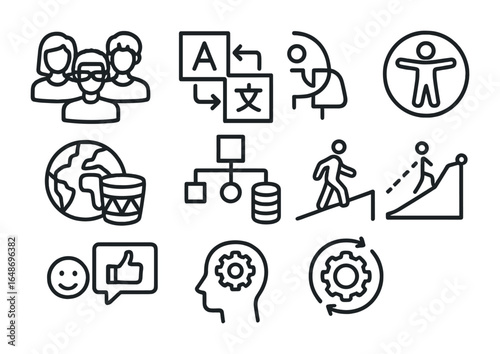 Inclusive AI Icons Set. Outline icon set of inclusive AI design: diverse avatars, multilingual icon,