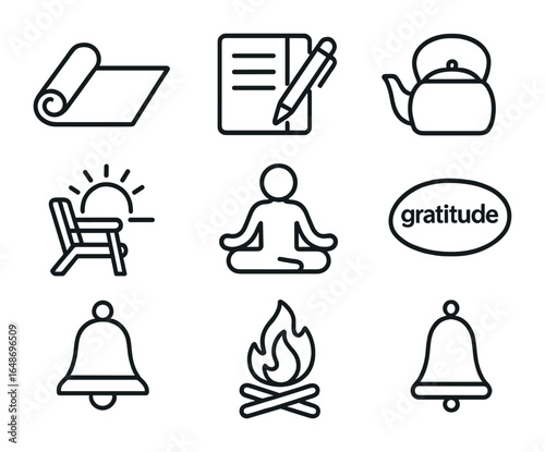 Mindful Retreat Icons. Outline icon set of mindful nature retreats: yoga mat, journal pen, tea kettle, sunrise