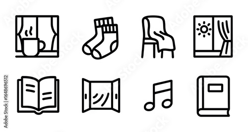Cozy Morning Icons. Outline icon set of cozy morning rituals: coffee mug by window, warm socks, blanket on