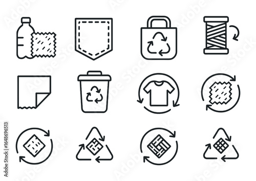Recycled Fashion Icons. Outline icon set of recycled fashion materials: plastic bottle fabric, denim patch,