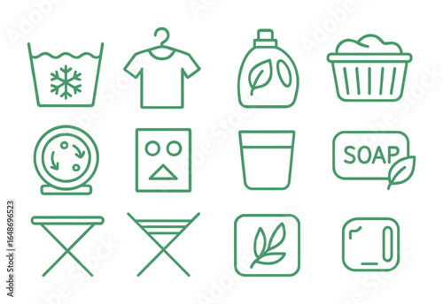 Eco-Friendly Laundry Icons. Outline icon set of green laundry practices: cold wash symbol, air dry icon, eco