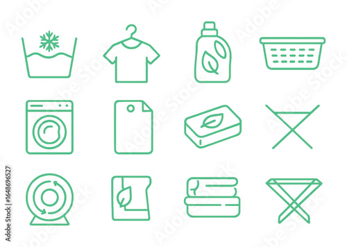 Eco-Friendly Laundry Icons. Outline icon set of green laundry practices: cold wash symbol, air dry icon, eco