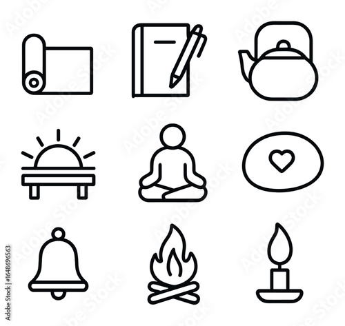 Mindful Retreat Icons. Outline icon set of mindful nature retreats: yoga mat, journal pen, tea kettle, sunrise