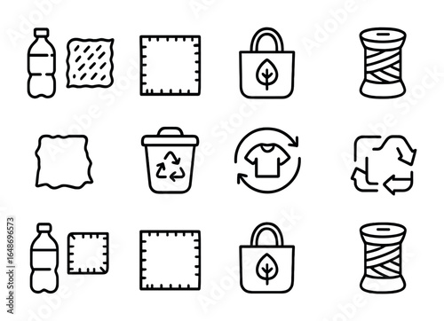 Recycled Fashion Icons. Outline icon set of recycled fashion materials: plastic bottle fabric, denim patch,