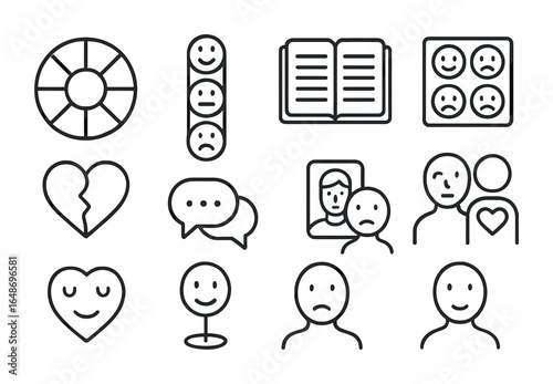 Emotional Awareness Icons. Outline icon set of emotional awareness tools: emotion wheel, mood tracker, journal