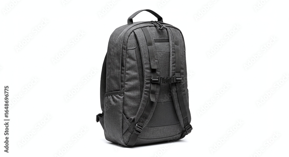 A versatile dark gray fabric backpack with ergonomic padded shoulder straps, shown from a three-quarter back view. Isolated on a white background. A versatile dark gray fabric backpack with ergonomic padded shoulder straps, shown from a three-quarter back view. Isolated on a white background.