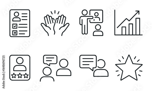 Performance Feedback Icons. Outline icon set of performance feedback and growth: feedback sheet, clapping