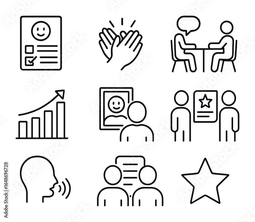 Performance Feedback Icons. Outline icon set of performance feedback and growth: feedback sheet, clapping