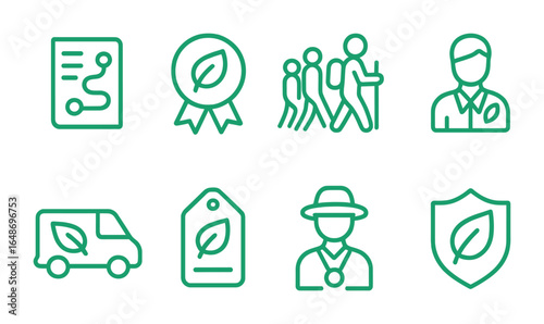 Green Travel Icons. Outline icon set of green tour services: itinerary icon, eco badge, group hike, ethical