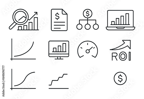 Investment Icon Set. Outline icon set of investment analysis: magnifying glass over chart, financial statement