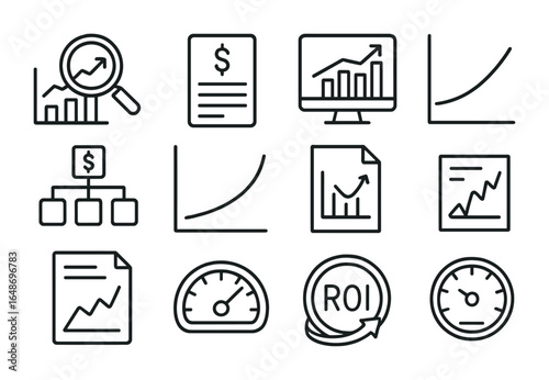 Investment Icon Set. Outline icon set of investment analysis: magnifying glass over chart, financial statement