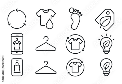 Sustainable Fashion Icons. Outline icon set of fashion-forward sustainability: closed-loop system, waterless