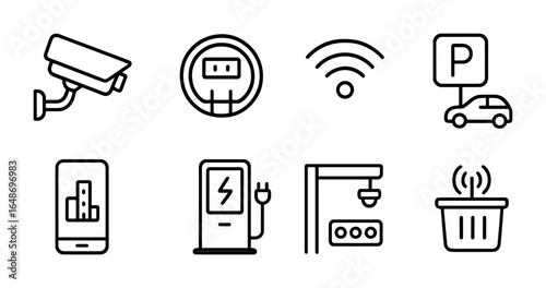 Smart City Icon Set. Outline icon set of smart city technologies: surveillance camera, smart meter, Wi-Fi zone