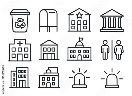 City Services Icons. Outline icon set of city services: recycling bin, postal box, police station, public