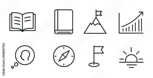 Personal Growth Icons. Outline icon set of personal growth: open book, journal, mountain peak, growth chart,
