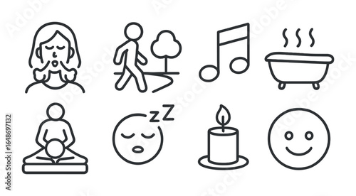 Stress Relief Icons. Outline icon set of stress relief techniques: deep breath, nature walk, music notes, warm